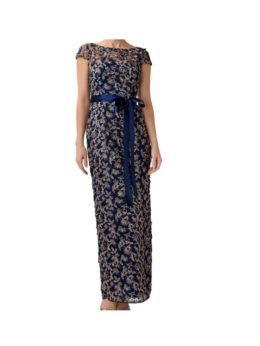 Adrianna Papell Navy and Gold Floral Embroidered Maxi Dress